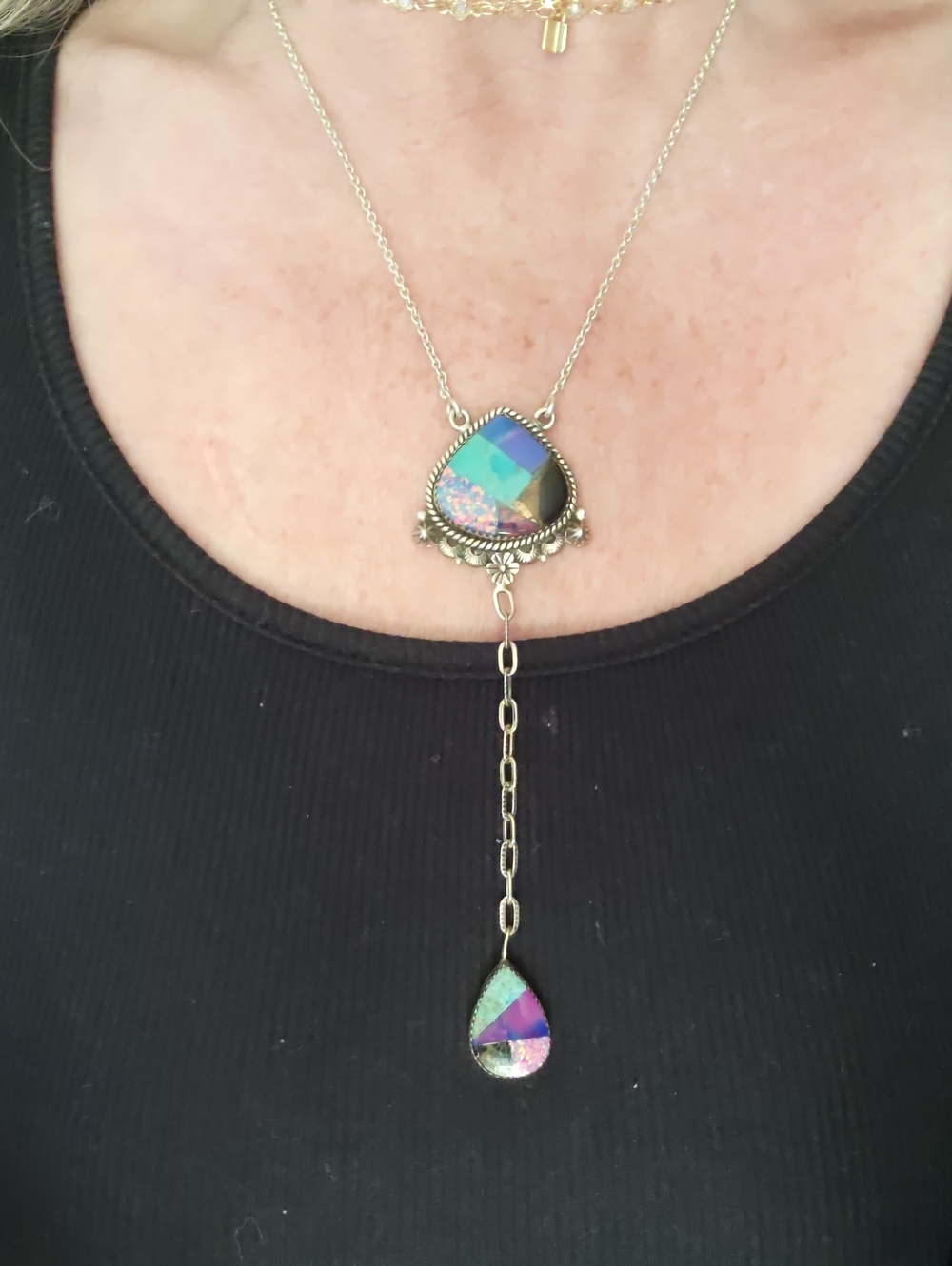 Authentic Sterling Silvet Rainbow Teardrop Lariat Necklace - Multicolor